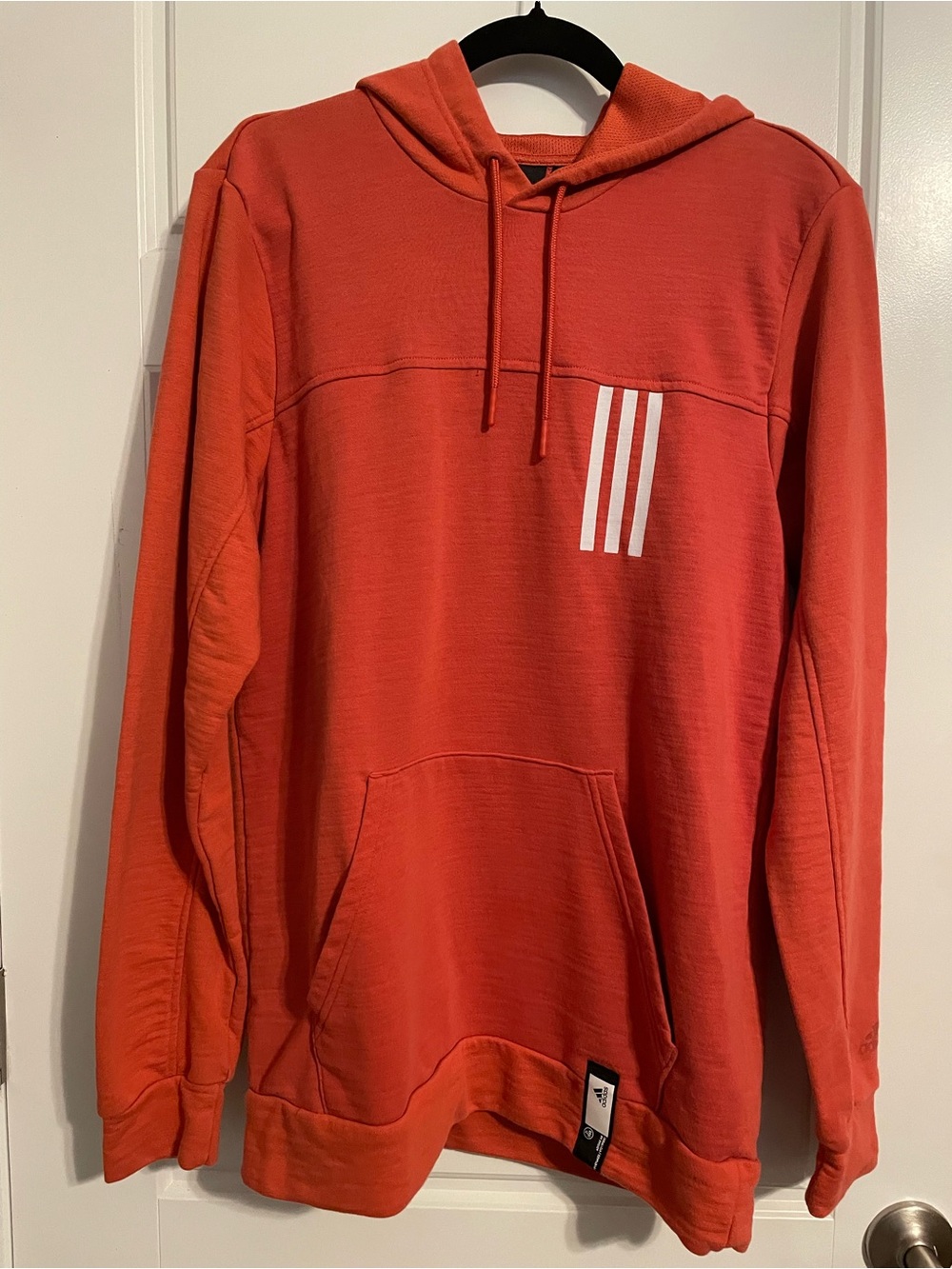 adidas Men's Coral Red Hooded Sweatshirt with Three-Stripe Chest Accent